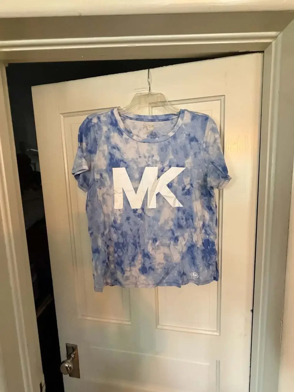 Michael Kors Blue White Tie Dye MK Logo Short Sleeve T-Shirt Size L